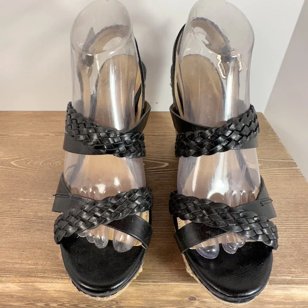 ANTONIO MELANI Women SZ 8.5-9 Black Leather Strappy Platform Wedges Sandals Boho